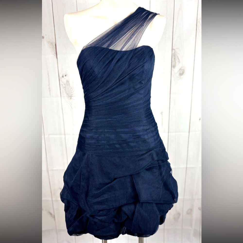 Liancarlo Couture Navy Blue French Tulle Gathered One Shoulder Bubble Hem Dress